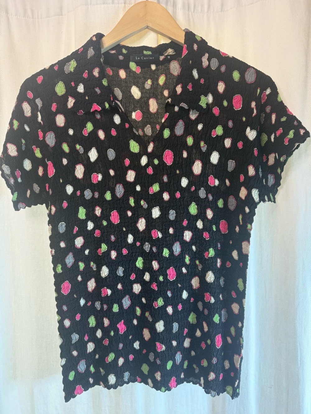 Le Caviar Smocked Blouse with Multicolor Polka Accents
